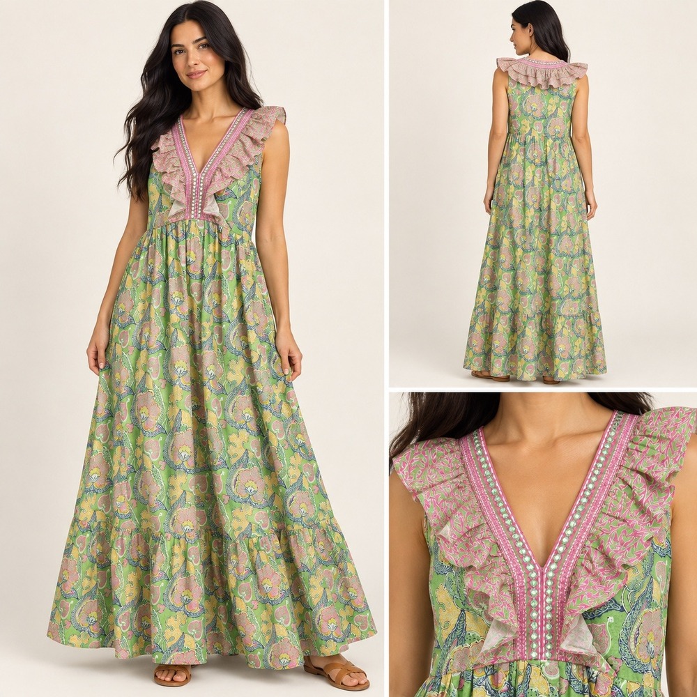 Bella Tu S Cotton Green Pink Floral Ruffle V-Neck Tiered Maxi Boho Dress Resort